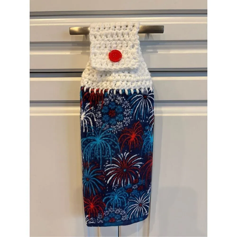 Crochet Top Kitchen Towel- Fireworks White topper red button